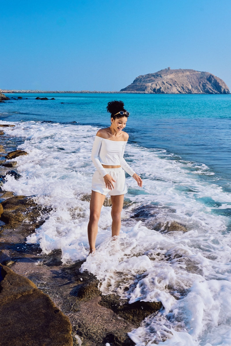 Wave Off-Shoulder Long Sleeve Top - White