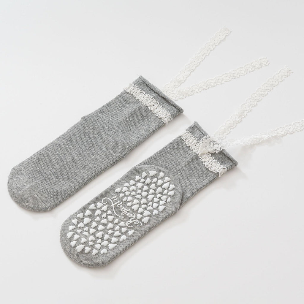 Women's Lacey Bow Grip Socks- Gray