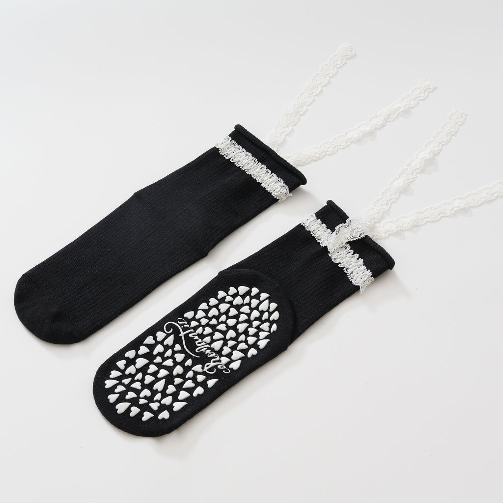 Women's Lacey Bow Grip Socks-Black