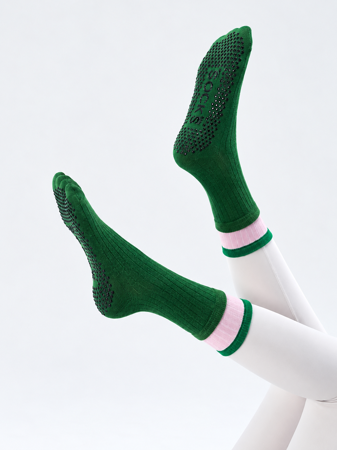 Contrast Cuff Grip Socks - Oasis Green
