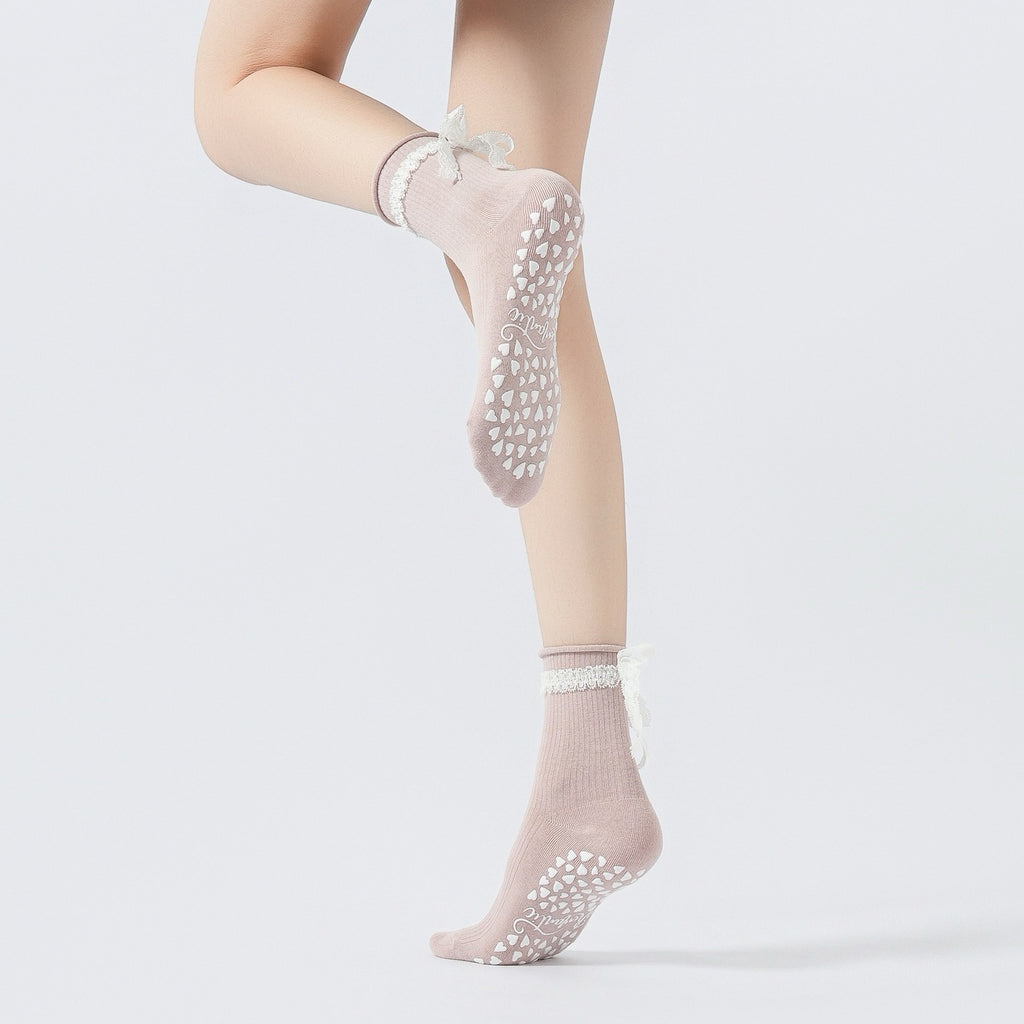 Women's Lacey Bow Grip Socks-Blush Pink