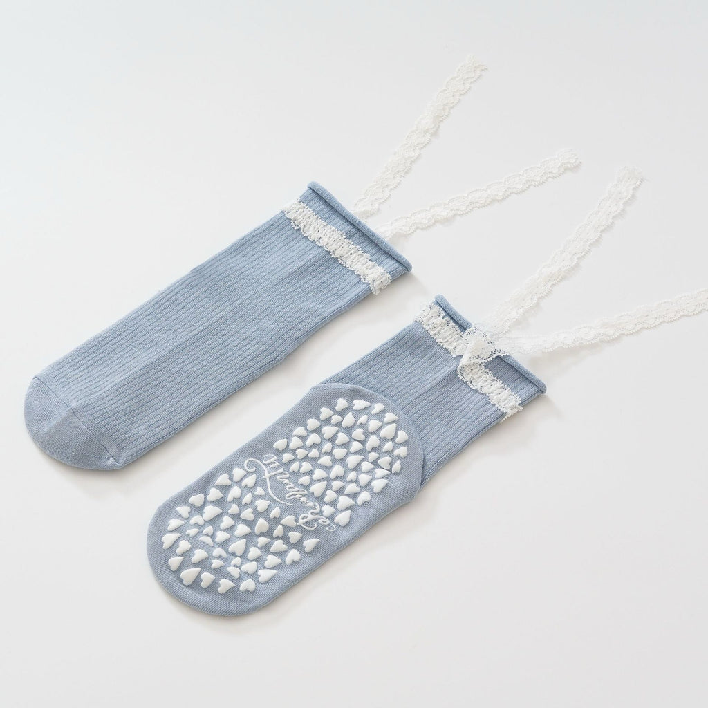 Women's Lacey Bow Grip Socks-Baby Blue