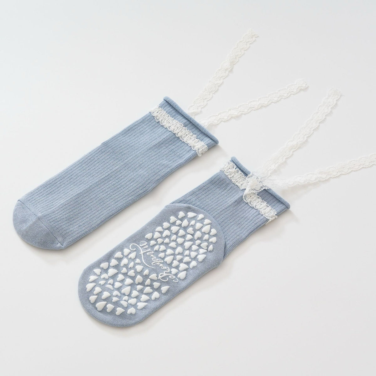 Women's Lacey Bow Grip Socks-Baby Blue