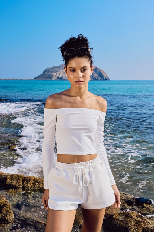 Wave Off-Shoulder Long Sleeve Top - White