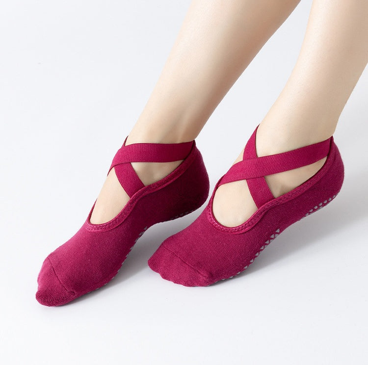 Women's Ballet Cross Grip Socks - Burgundy