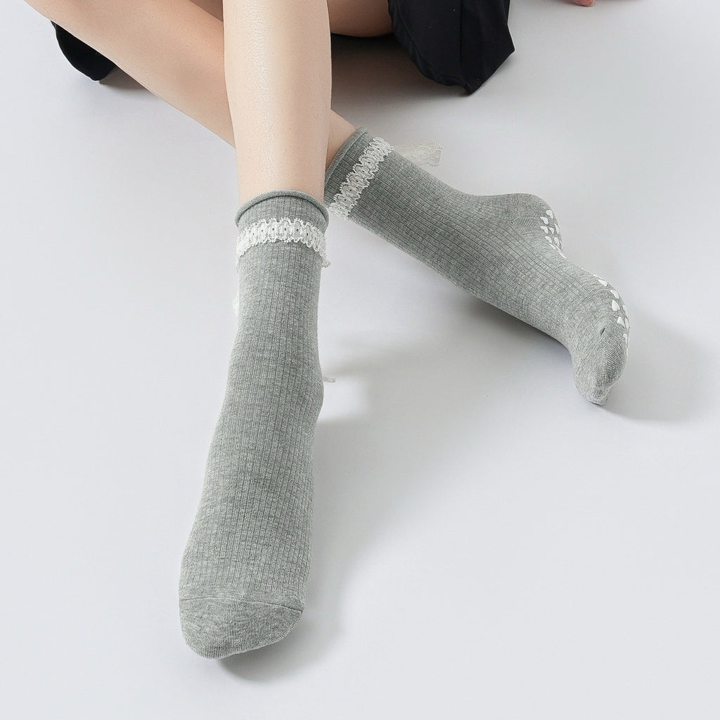 Women's Lacey Bow Grip Socks- Gray