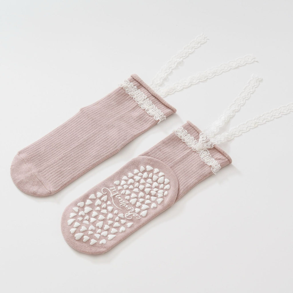 Women's Lacey Bow Grip Socks-Blush Pink