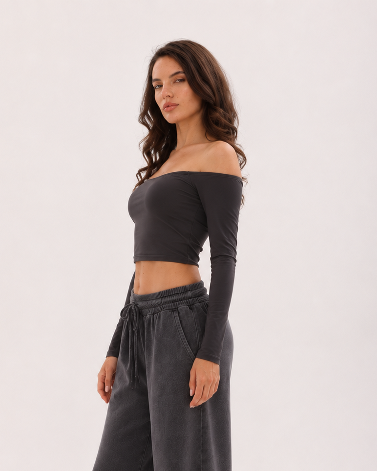 Wave Off-Shoulder Long Sleeve Top - Dark Gray