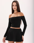 Wave Off-Shoulder Long Sleeve Top - Black