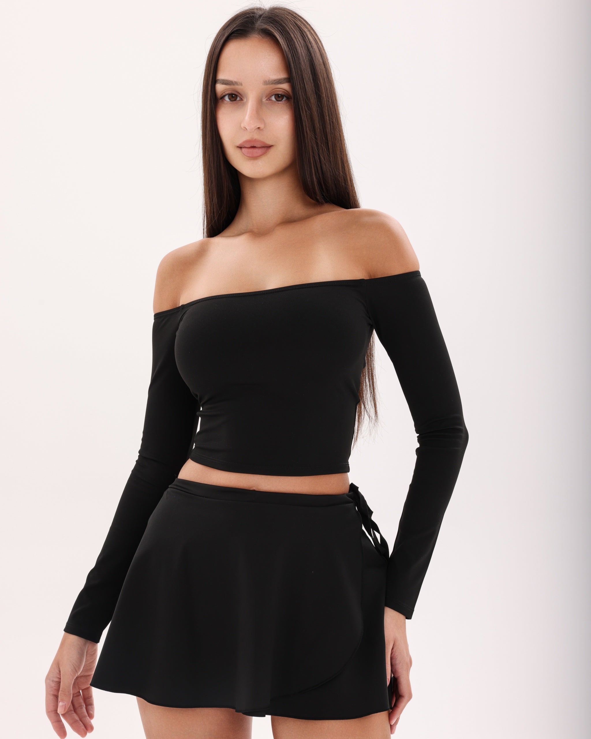 Wave Off-Shoulder Long Sleeve Top - Black