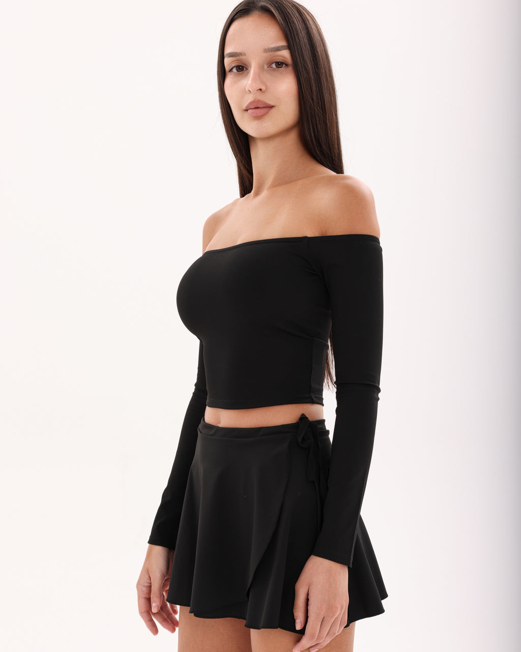 Wave Off-Shoulder Long Sleeve Top - Black