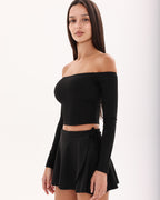 Wave Off-Shoulder Long Sleeve Top - Black