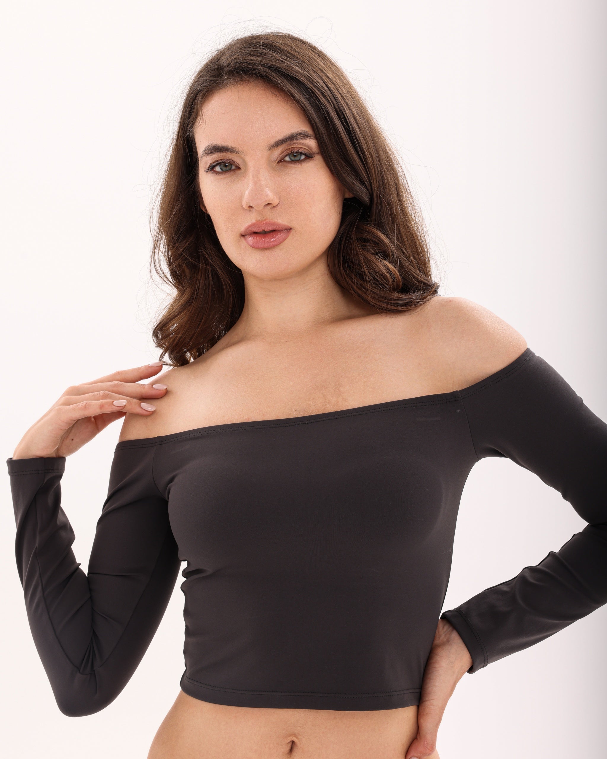 Wave Off-Shoulder Long Sleeve Top - Dark Gray