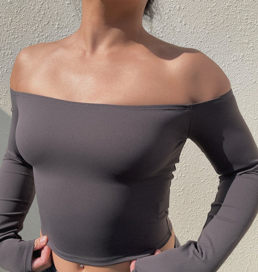 Wave Off-Shoulder Long Sleeve Top - Dark Gray