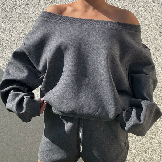 KYRU WEAR Asymmetric Off-Shoulder Sweartshirt Gray