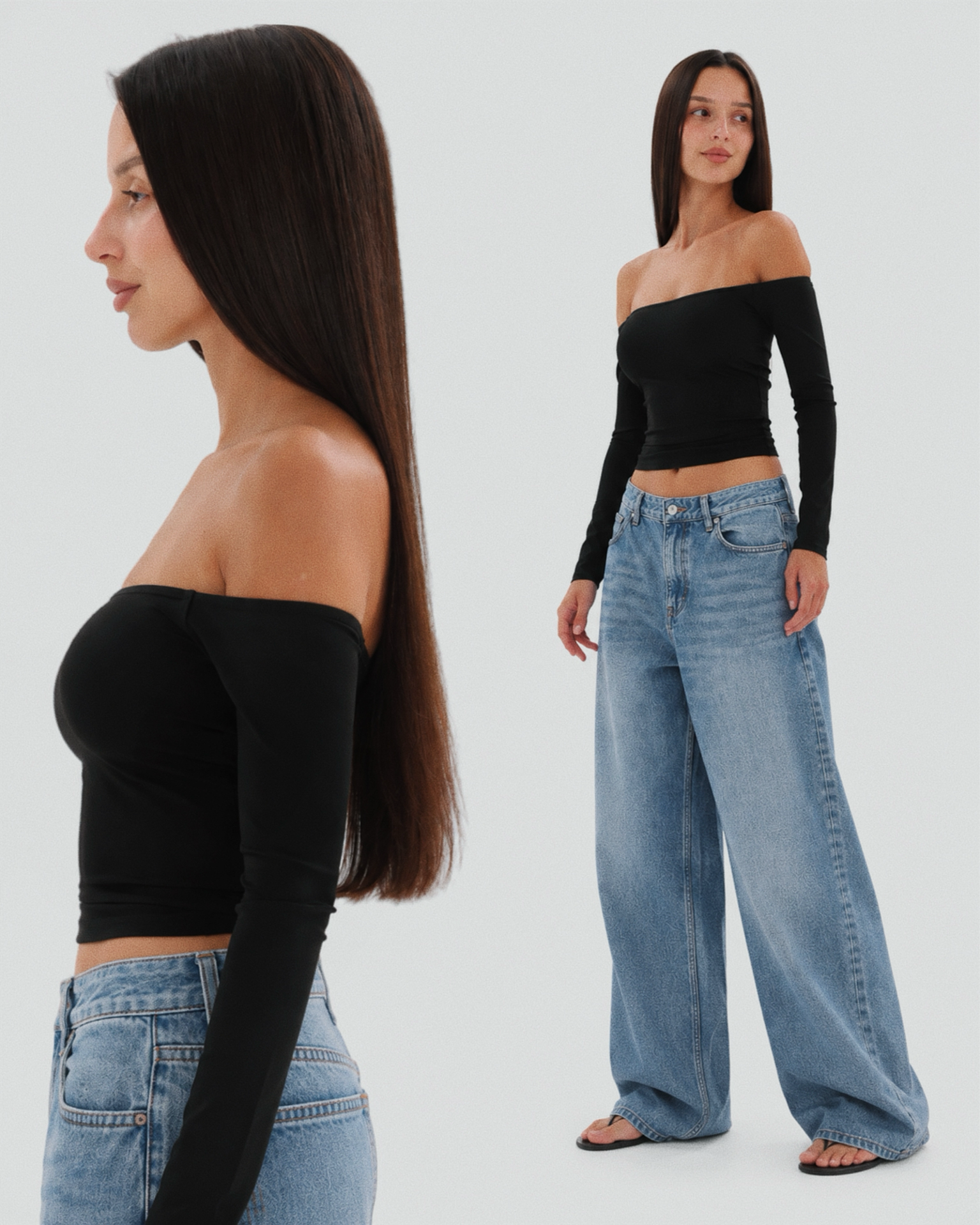 Wave Off-Shoulder Long Sleeve Top - Black
