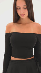 Wave Off-Shoulder Long Sleeve Top - Black